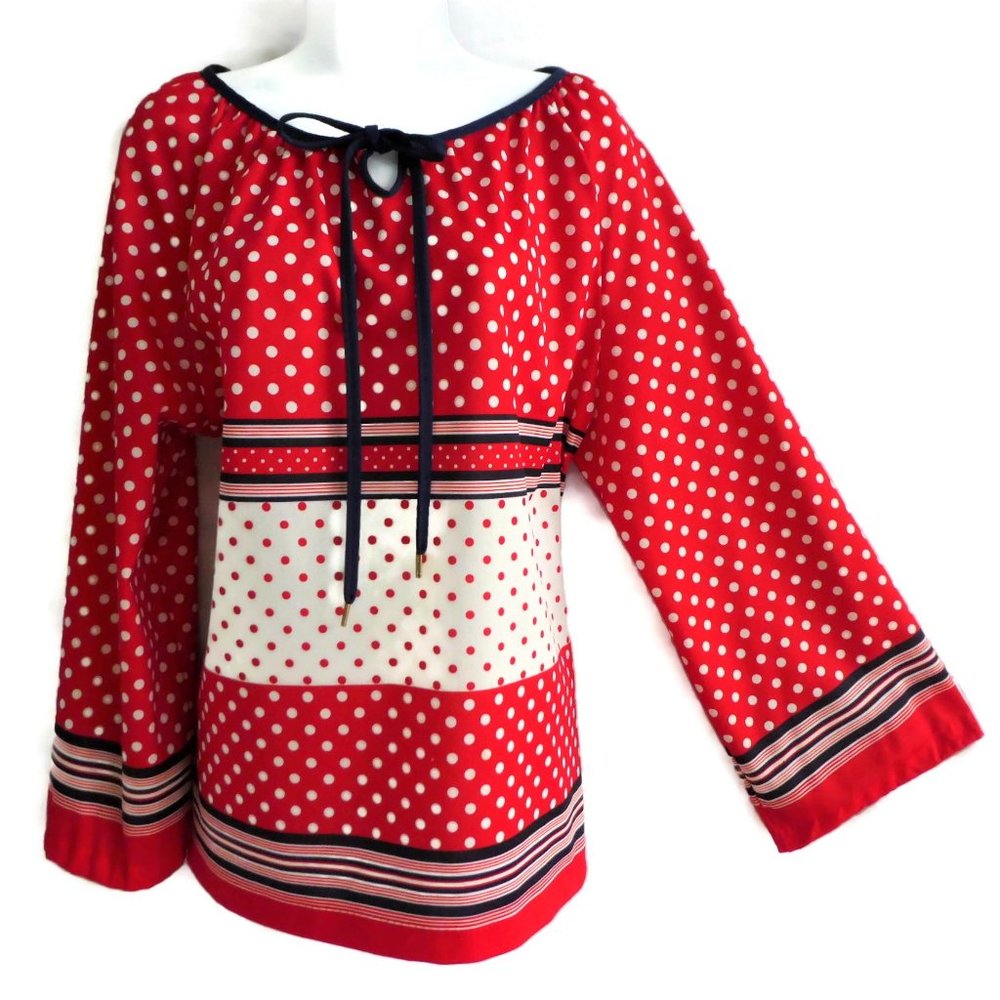 Vintage 60s 70s Herbert J. Meyer Blouse Mixed Polka Stripes Keyhole Patriotic L